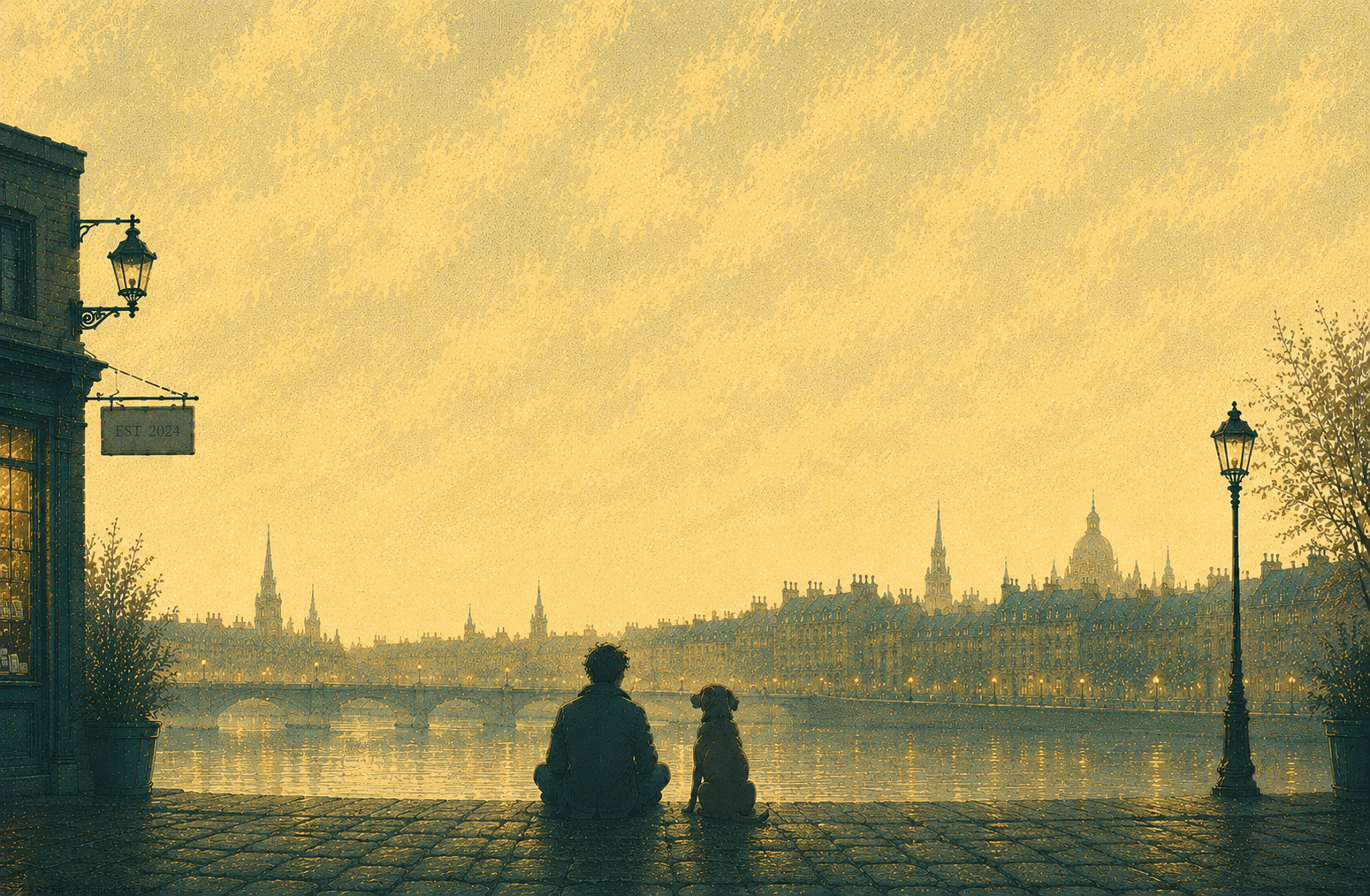 A person and their dog looking out over the city at golden hour